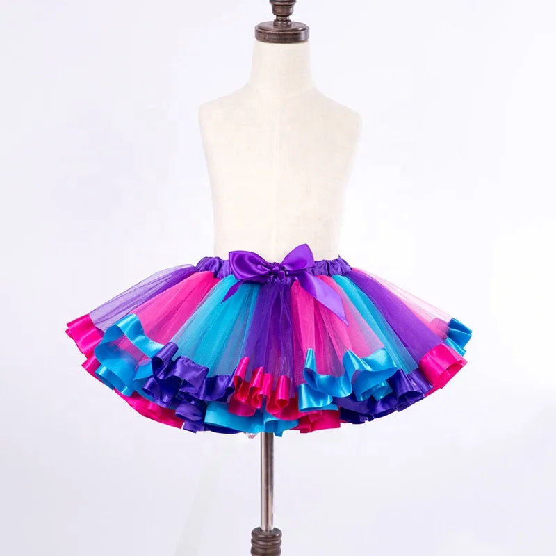Cosplay Layered Ballet Tulle Rainbow Tutu Skirt for Little Girls Dress up with Bows