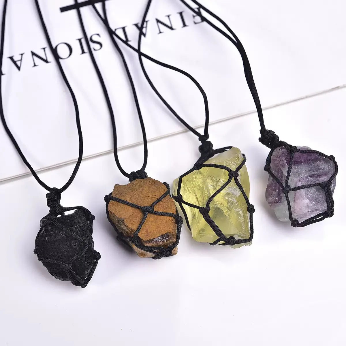 Wholesale Vintage Tiger Eye Pendant Necklace Irregular Natural Crystal Amethyst Healing Raw Stone Rough Rope Wrap Braid Gift