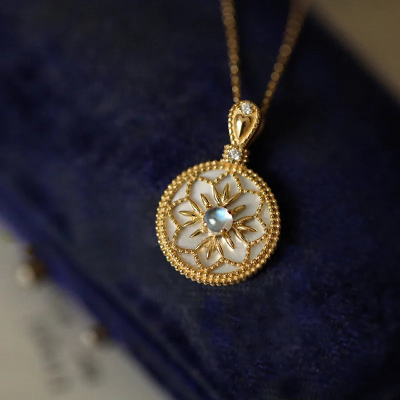 Hot Sale Luxury 925 Sterling Silver Necklace White Shell Moonstone Carved Flower Pendant Necklace for Women Girls
