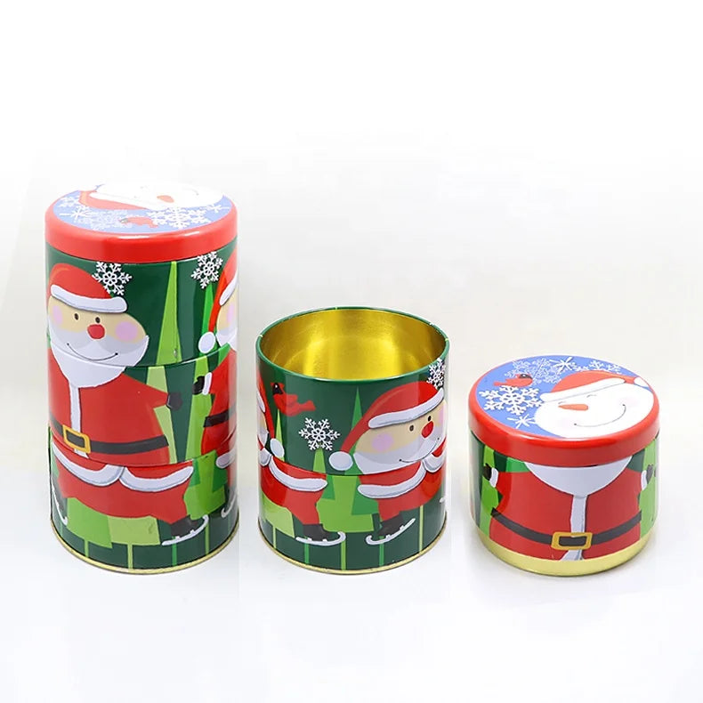 Three-Layer Round Tall Cylinder Shape Tinplate Christmas Tin Can for Candy Gift Tin Box Packaging