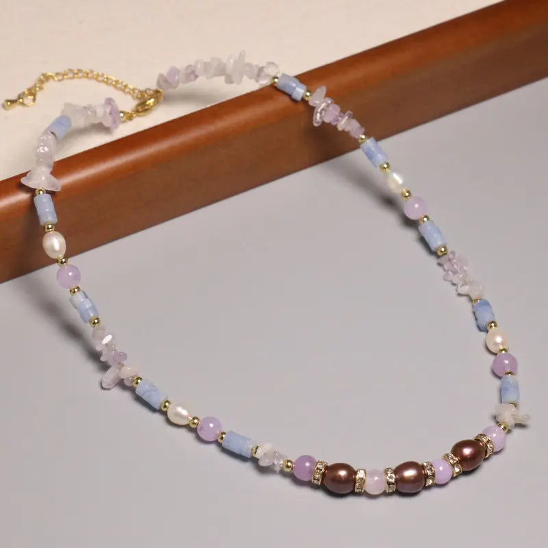 Dainty Natural Stone Choker Irregular Amethyst Blue Aventurine Stone Clavicle Necklace Rose Quartz Beaded Jewelry for Women Gift