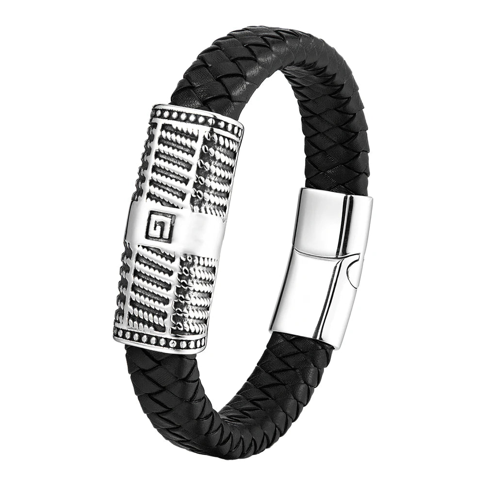 Custom Logo Punk Real Leather Cuff Men's Bracelets Luxury Stainless Steel Magnetic Braided Leather Bracelet for Men Bangle