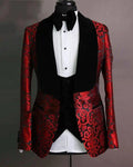 Black With Burgundy Paisley Groom Tuxedos Man Work Business Suit Party Party Blazer Waistcoat Trousers Sets (Jacket+Pants+Vest)