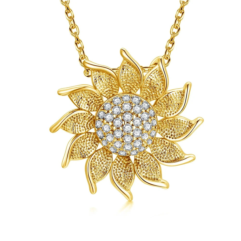 Fashion Jewelry 925 Sterling Silver Gold Plated Cubic Zircon Sunflower Pendant Necklace