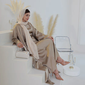 Ramadan 2 Piece Open Abaya Dress Set Dubai Beaded Kaftan Robe Matching Sleeveless Dress Muslim Kimonos Ladies Cardigan Dresses