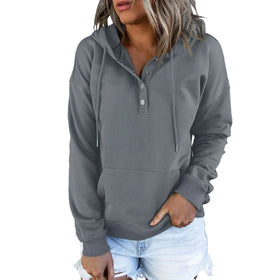 Womens Hooded Button Collar Drawstring Hoodies Pullover Sweatshirts Casual Long Sleeve Tops Shirts