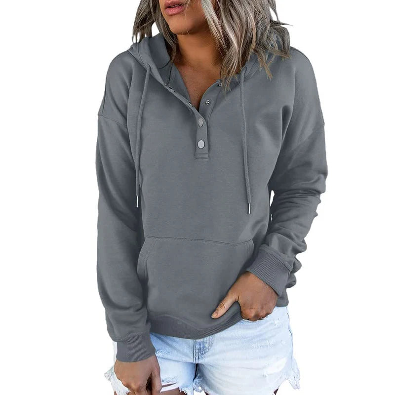 Womens Hooded Button Collar Drawstring Hoodies Pullover Sweatshirts Casual Long Sleeve Tops Shirts