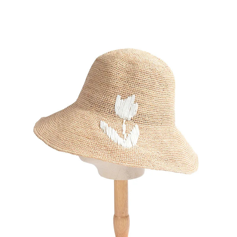 Tulip Floral Crotchet Raffia Straw Bucket Sun Hat Custom Logo Embroidery Beach Hat for Women Summer Dress