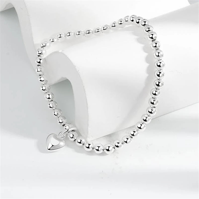 Pulseira Korean Small Simple Heart Elastic Bead String Silver Plated Bracelet Fashion Charm Women Bracelet Jewelry for Gift
