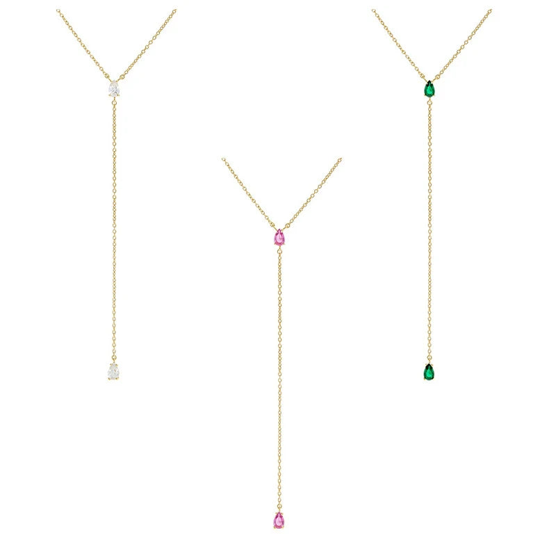 925 Sterling Silver Tassel Long Chain Necklaces Water Drop Cz Pendant Y Lariat Necklace