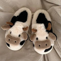 Cute Animals Cow Plush Home Slippers Women Winter Warm Fluffy Fur Home Slipper Kawaii Flat Slides Shoes