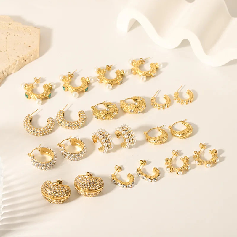 Hot Sale French Retro Stainless Steel Artificial Pearl CZ Earrings Set Hypoallergenic Gold Plated Daily Wear Jewelry Earrings