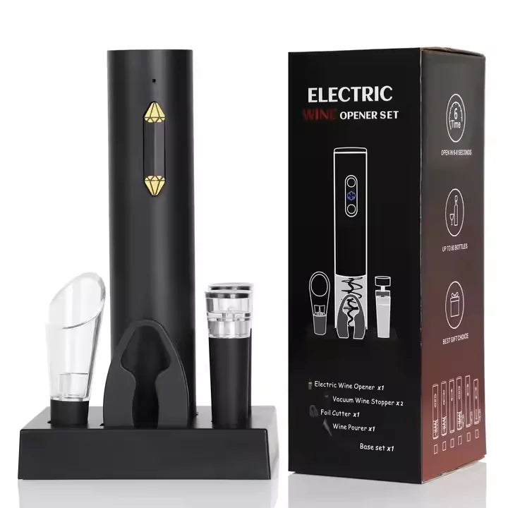Electronic Gadgets 2025 USB Rechargeable Electric Wine Opener Set with Storage Base 5 in 1 Wine Opener Set for Promotion