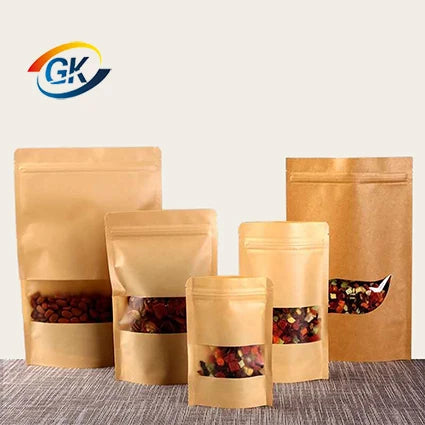 Custom Recyclable Brown Kraft Paper Packaging Pouch Bag Clear Window Digital Printing Stand Zipper Different Capacities for Food