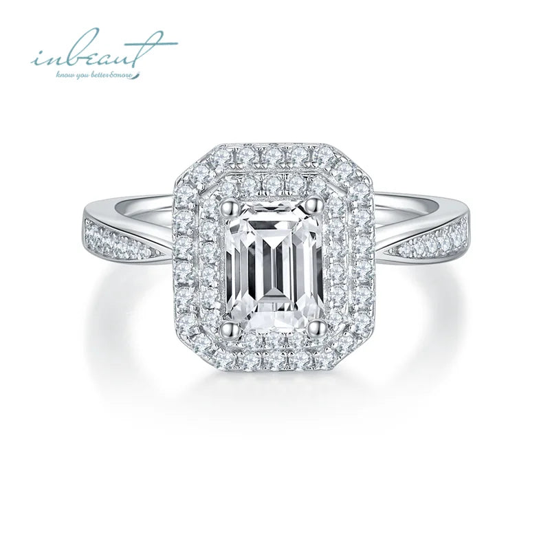 Silver 925 Original Brilliant Emerald Cut 1 Carat Diamond Test Past D Color Moissanite Two Circles Ring for Women Fine Jewelry