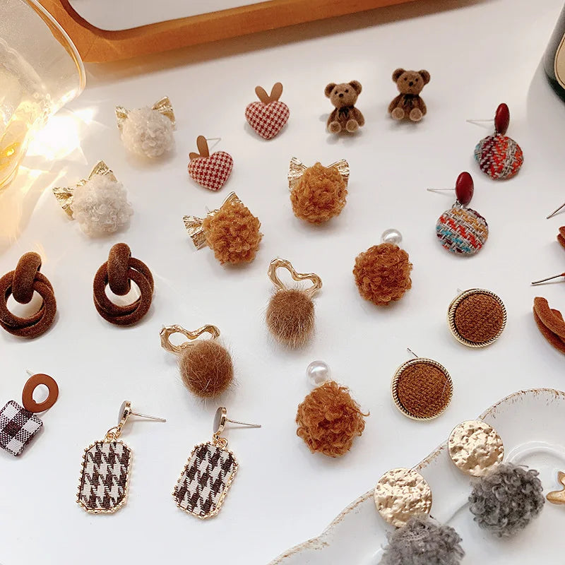 Jachon Funny Ladies Plush Bear Multi-style 925 Silver Needle Stud Hoop Earrings Faux Fur Ball Dangle Earrings for Women