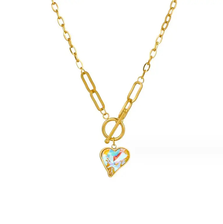 Heart Pendant Necklace Collar Bone Necklace for Women Thick Chain Stainless Steel Gold Plated Tassel Pendant Trendy OT Buckle