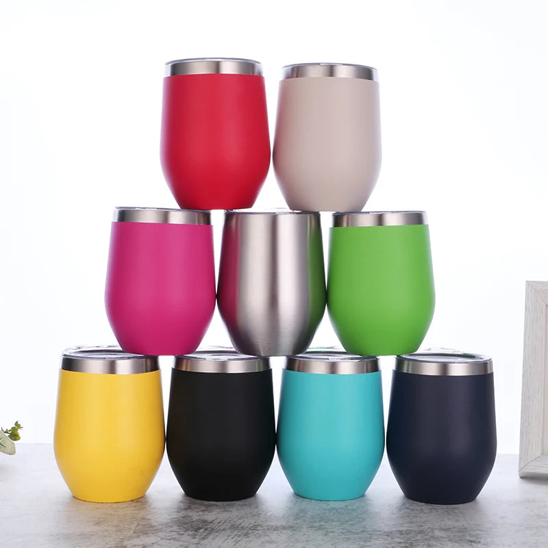 Double Wall Stainless Steel Wine Tumbler Insulated Vacuum Egg Shape Mugs Cup Wine Glass with Lids