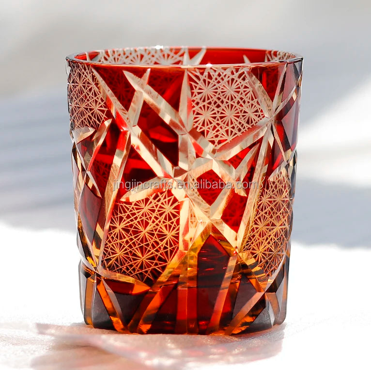 Edo Kiriko Japanese Style 8oz Crystal Amber Glass Cup Tumbler Old Fashioned Black Diamond Cut Engraving for Vodka Whiskey