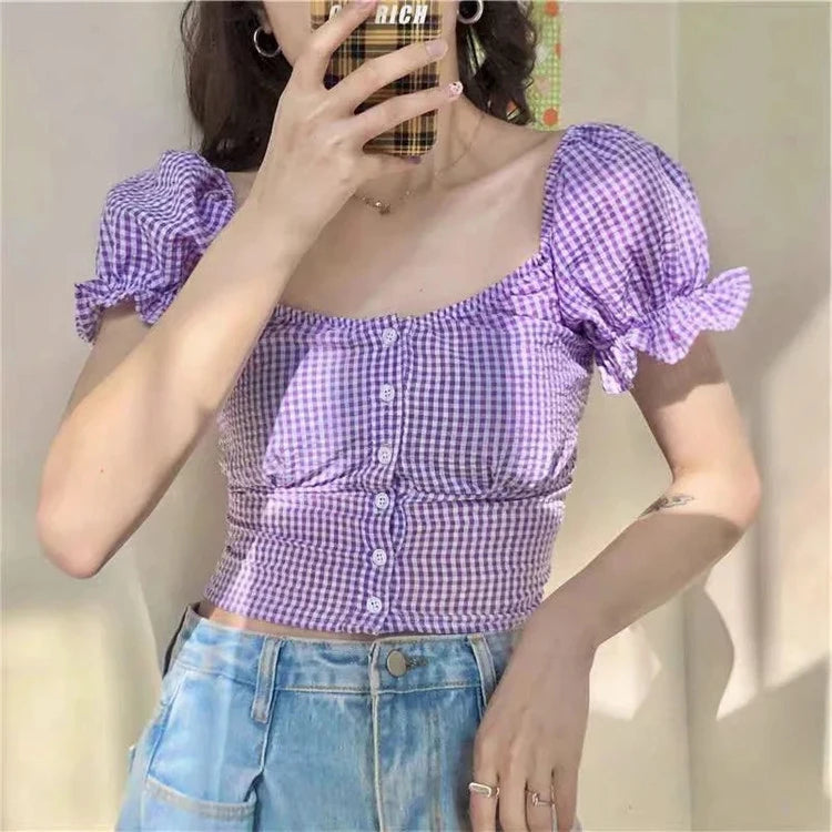 Casual Women's Summer Breathable Cotton/Rayon Crop Top Vintage Plaid Print Square Collar Short Sleeves Simple Fashion Front