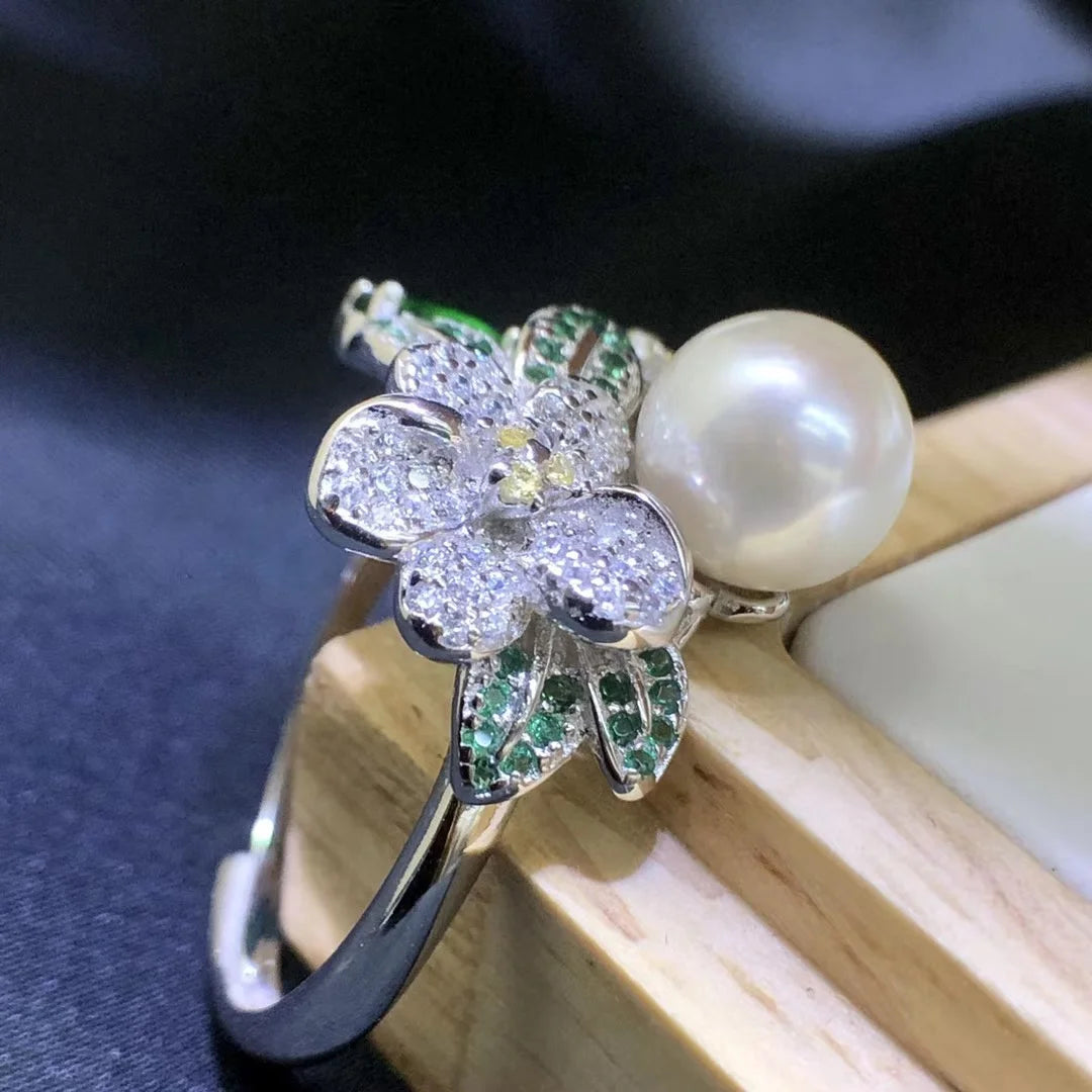 R123  DIY 8-9mm Natural Freshwater Pearl Ring Accessory 925 Sterling Silver Adjustable Size Engagement Jewelry Ring for Women