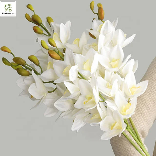 Hot Selling 11 Heads Artificial New Zealand Cymbidium Orchid Flower 90cm Real Touch Flower Oil Painting Color
