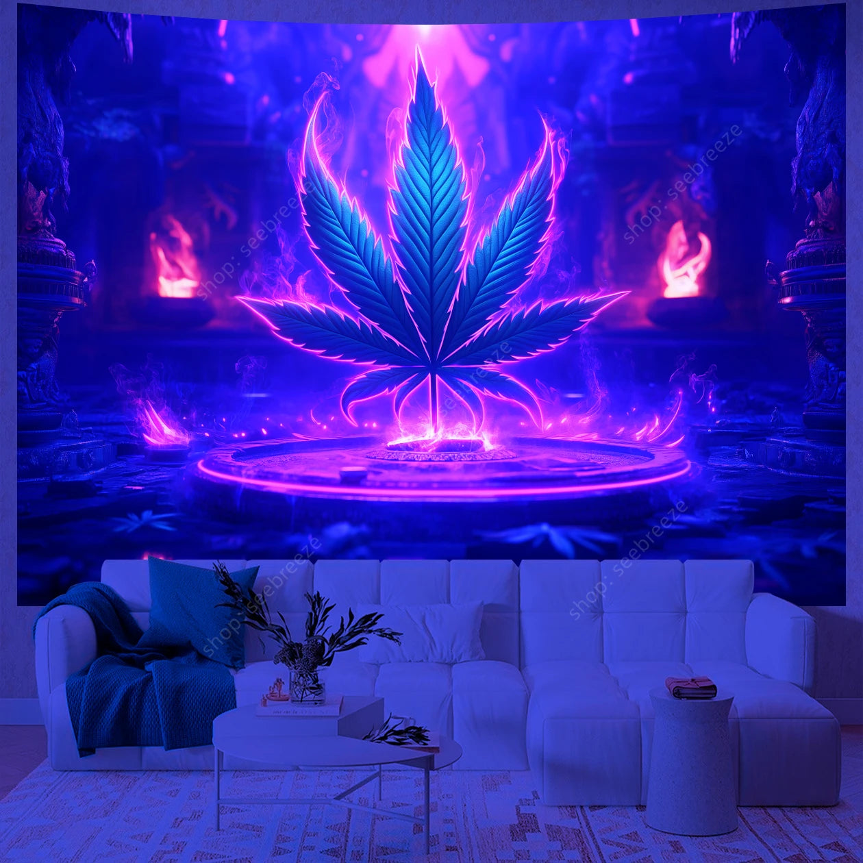 Polyester Psychedelic Leaf UV Tapestry Neon Background Witchcraft Hippie Portrait Wall Hanging Bohemian Mandala Art Aesthetic