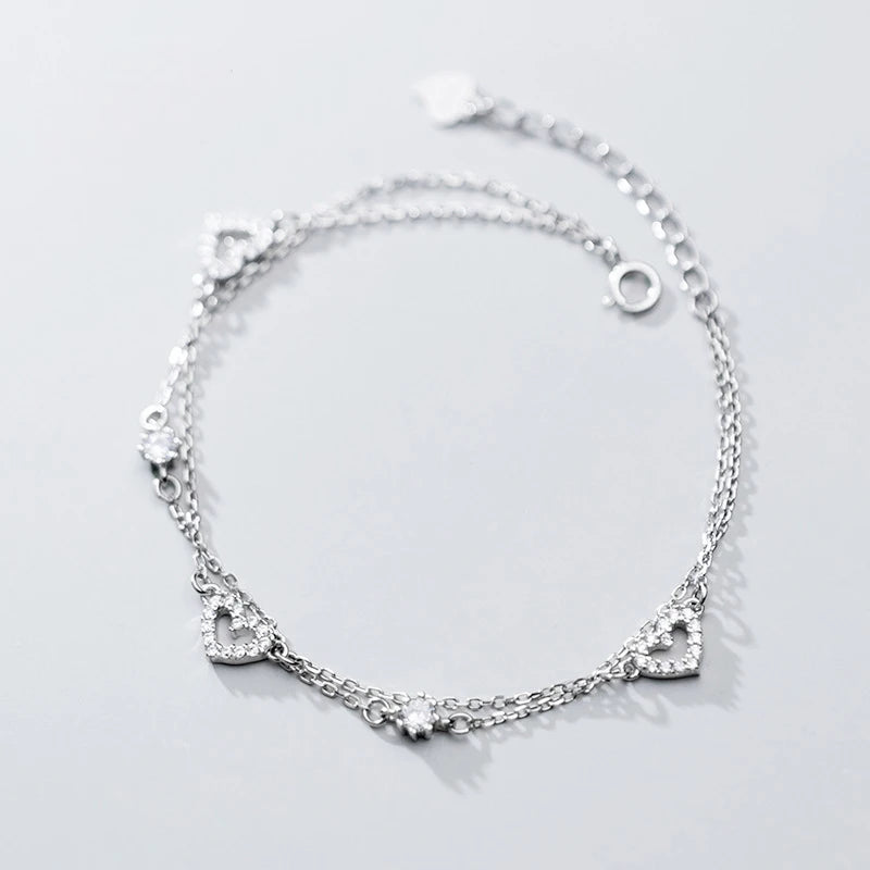 925 Sterling Silver Sweet Double Layer Heart CZ Charm Bracelet for Women Sterling Silver Wedding's Day Gift
