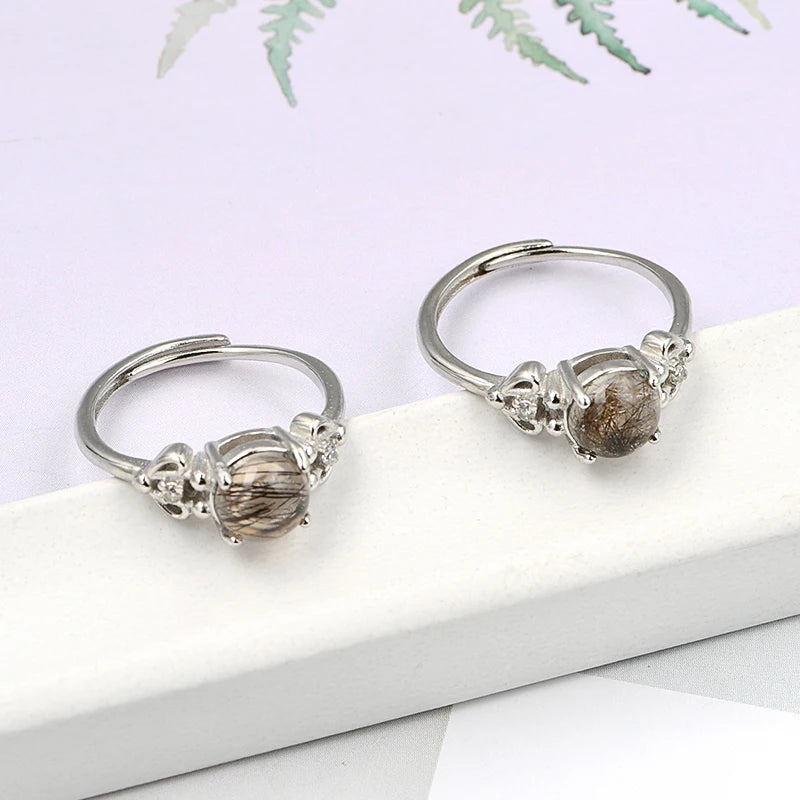 Natural Black Rultilated Quartz Crystal Gem Stone Rings Exquisite 7mm Brass Round Crystal Gemstone Ring
