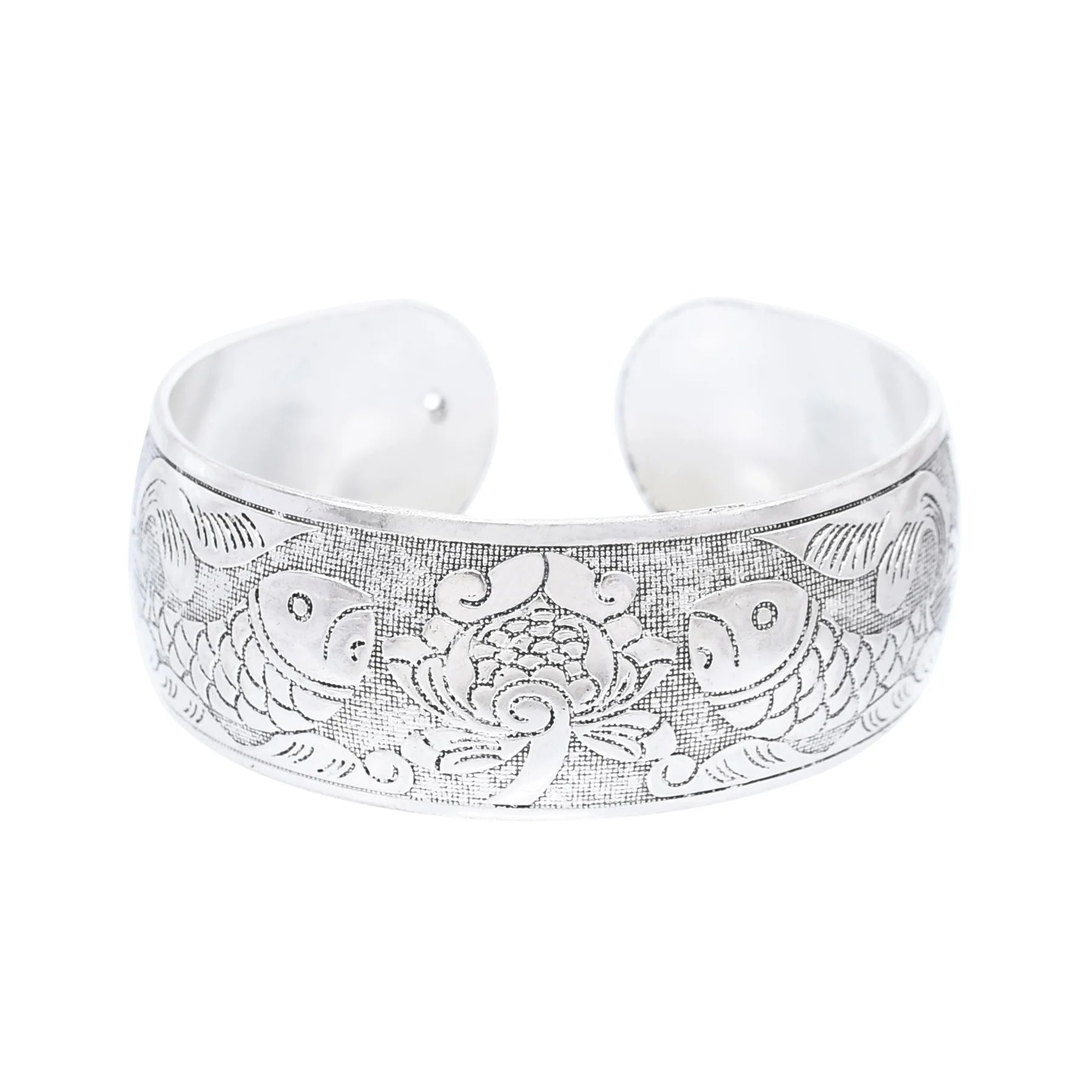 Tibetan Silver Open Cuff Bracelet Bangle Carved Spiral Fish Flower Connecting Branches Pattern Wide Band Fashion Cuff Bracelets