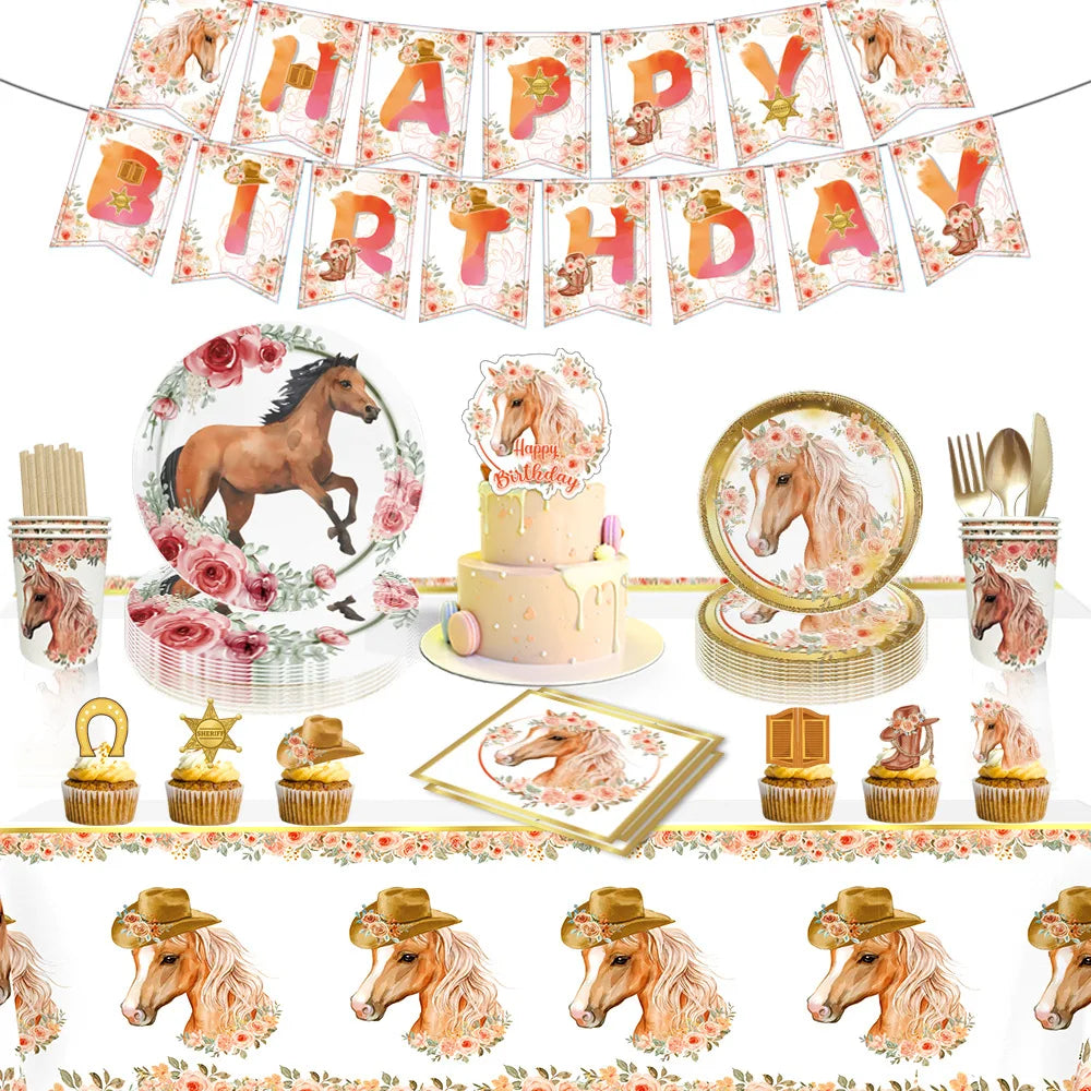 DAMAI Horse Birthday Party Supplies Tableware Cowgirl Birthday Party Decorations Horse Themed Party Paper Plates and Napkins Set