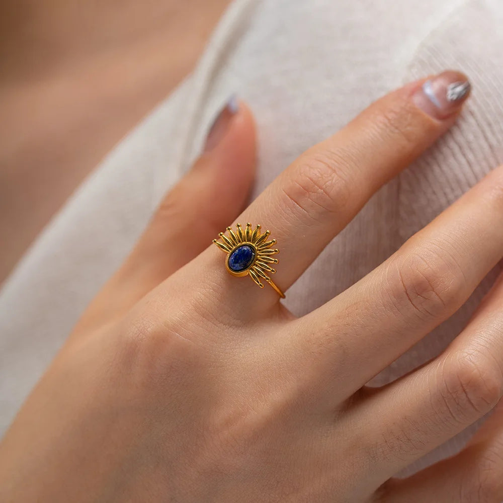 DUYIZHAO Hot Trendy 18K Gold Plated Stainless Steel Blue Lapis Lazuli Natural Stone Sunlight Open Ring Fashion Jewelry For Women