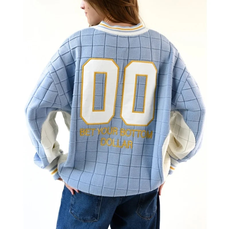 Women's Oversize Y2K Casual Football Sport Pullover Sweater Embossed V-Neckline Color-Blocking Knit Jersey Front Logo for Spring
