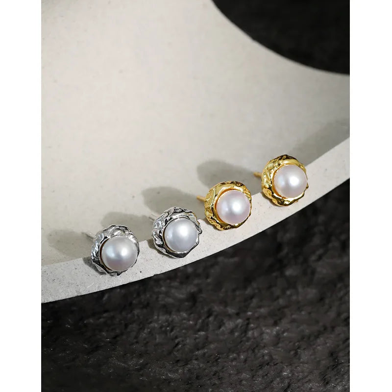 InsS925 Men/Women Unisex Cold Wind Light Tempered Freshwater Pearl Stud Earrings S925 Sterling Silver Inlay Niche Temperament