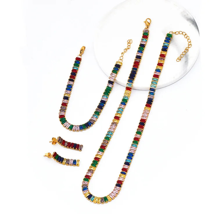 Fashion Punk Gold Plated Jewelry Set Stainless Steel Colorful Zircon Tennis Choker Necklace Bracelet Earrings Sets for Women