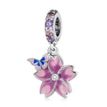 925 Sterling Silver Butterfly Pink Purple Flower Charm Bead Pendant Fit Original Bracelet Necklace for Women Jewelry SCC2185