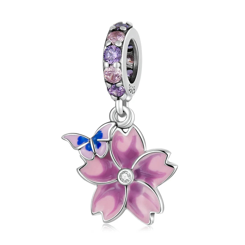 925 Sterling Silver Butterfly Pink Purple Flower Charm Bead Pendant Fit Original Bracelet Necklace for Women Jewelry SCC2185