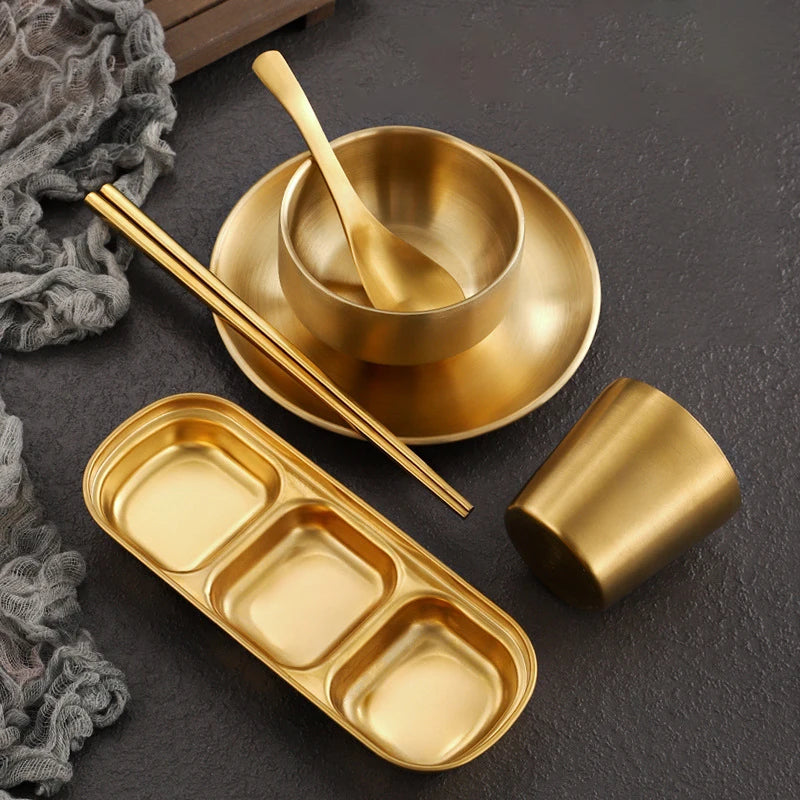 Korean Style 304 Stainless Steel Barbecue Restaurant Tableware High Quality Metal Disc Cup Dipping Dish Chopsticks Spoon