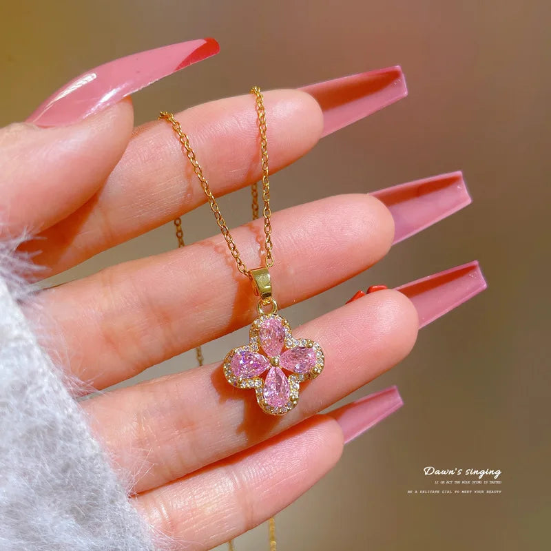 Zircon Pink Flower Necklaces for Women Stainless Steel Gold Color Chain Flower Necklace Wedding Christmas Jewelry Gift