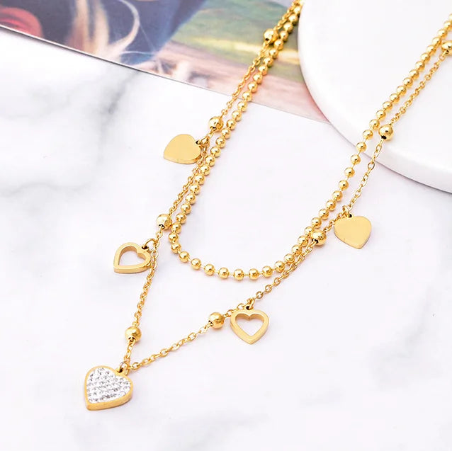 Elegant Heart Charms Chokers Necklaces for Women Gold Plated Stainless Steel Double Layer Zircon Heart Pendant Necklace Jewelry