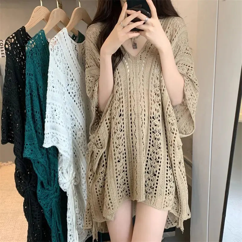 Boutique Wholesale 2026 Summer Hollow Lace up Knitted Loose Niche Medium to Long Women's Shirts