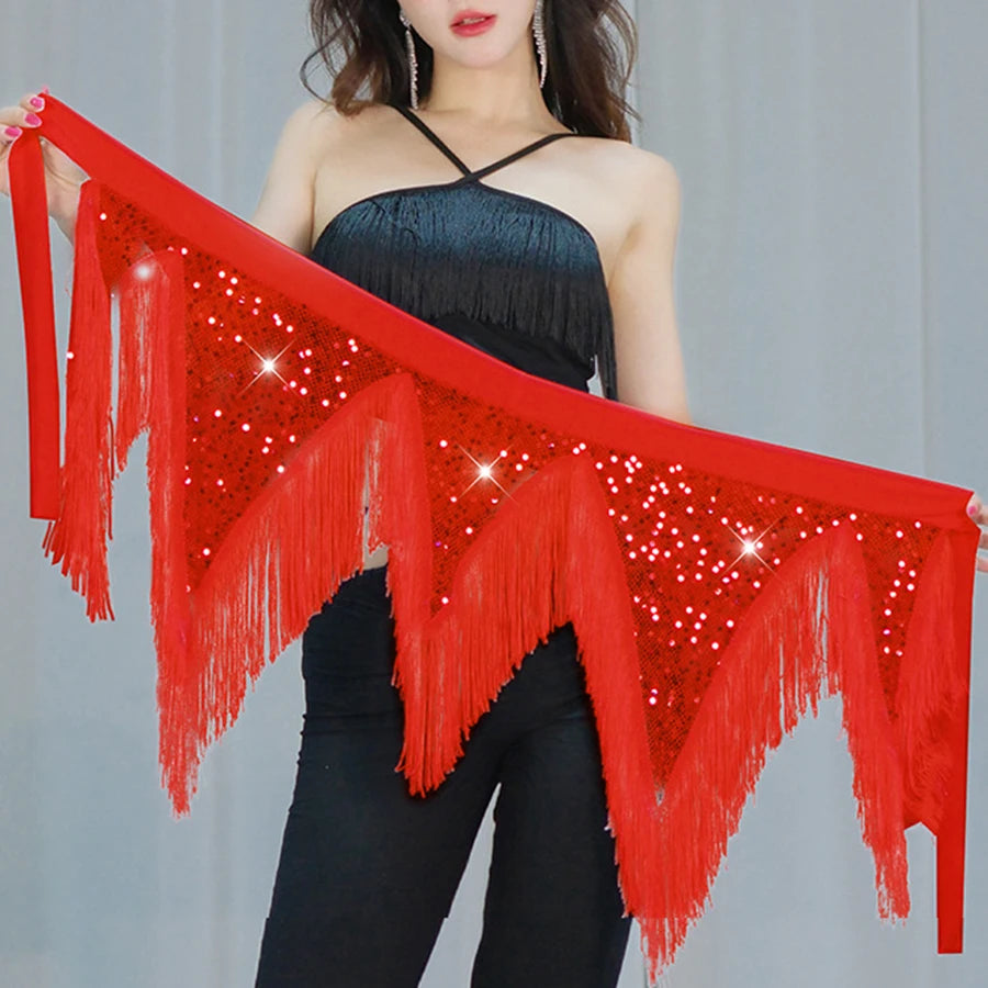 Irresistible Charm Asymmetrical Fringe Wave Wrap Waist Scarf Hip Skirt for Women Belly Dance Training Clothing