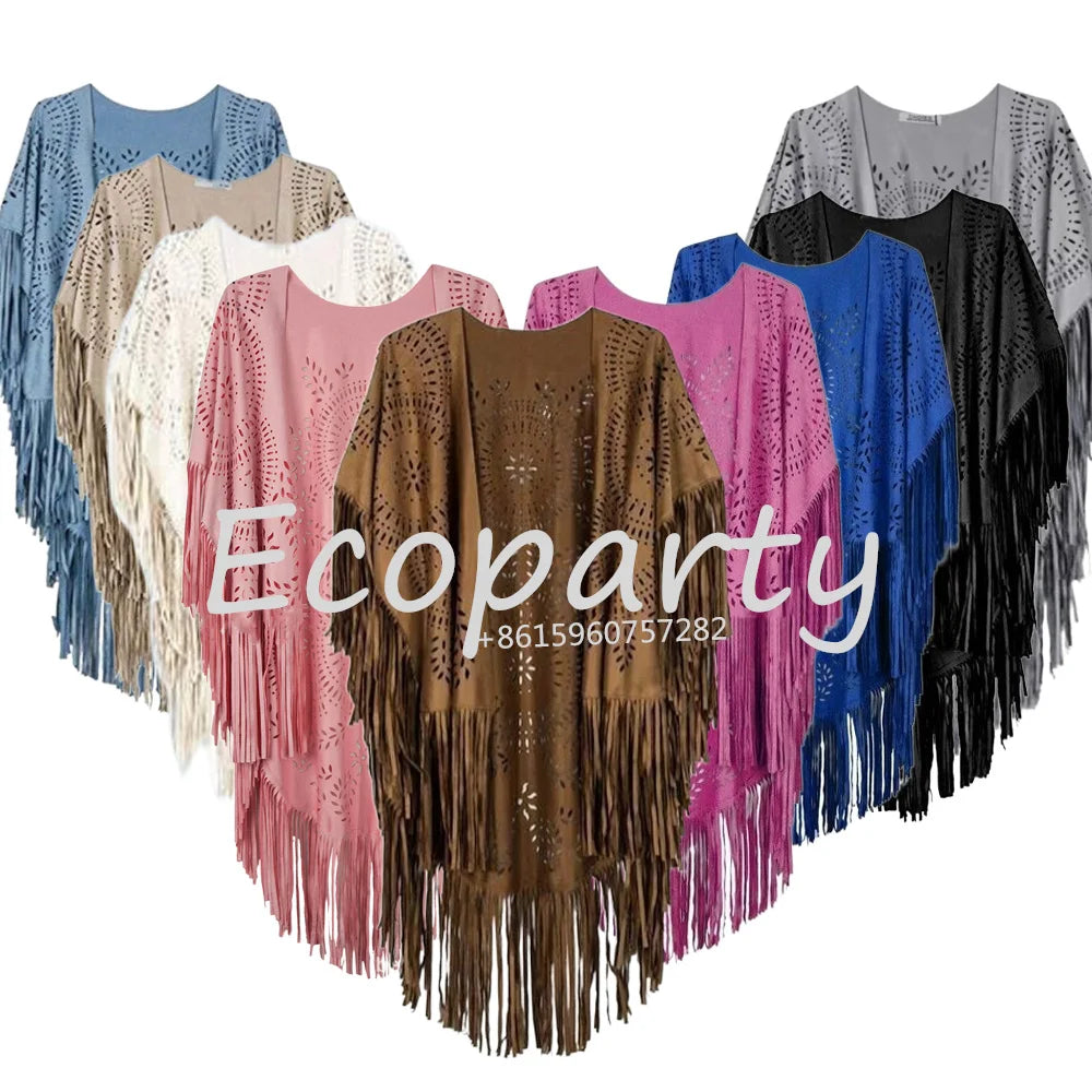 Floral Hollow Out Fringe Tassel Shawl Women Vintage Capes Ponchos Autumn Camel Suede Bohemian Cardigan Cloak Boho Capes