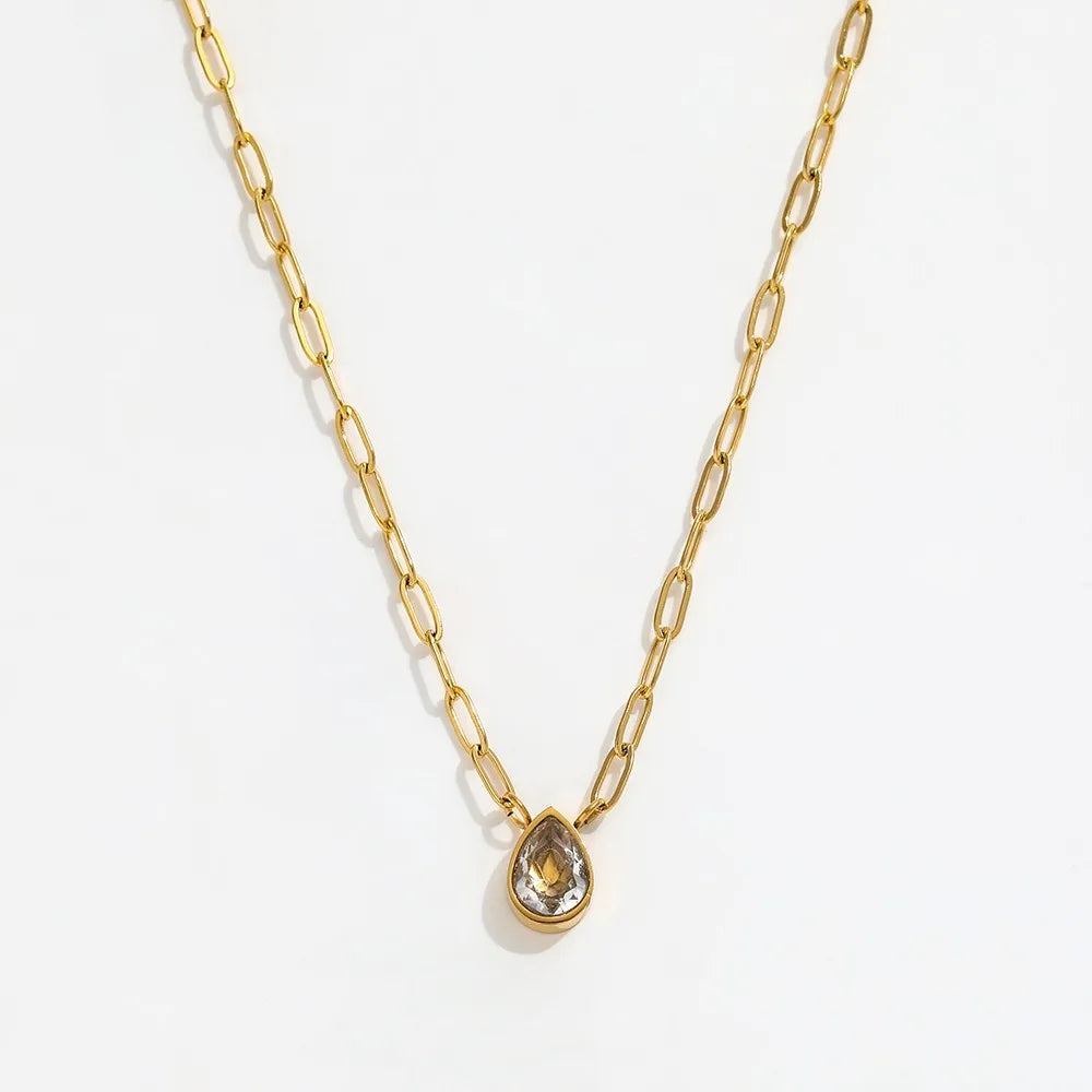 Joolim Jewelry 18K Gold Plated Stainless Steel Zirconia Oval & Water Drop Pendant Paper Clip Chain Necklaces Trendy Jewelry