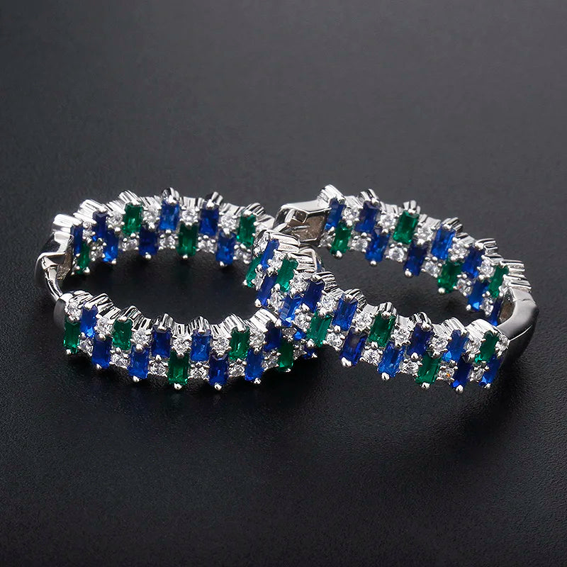 Custom baguette Color Zircon Diamond Jewelry 925 Sterling Silver Cubic Zirconia Huggie Hoop Coloful Earrings Silver 925 Earring