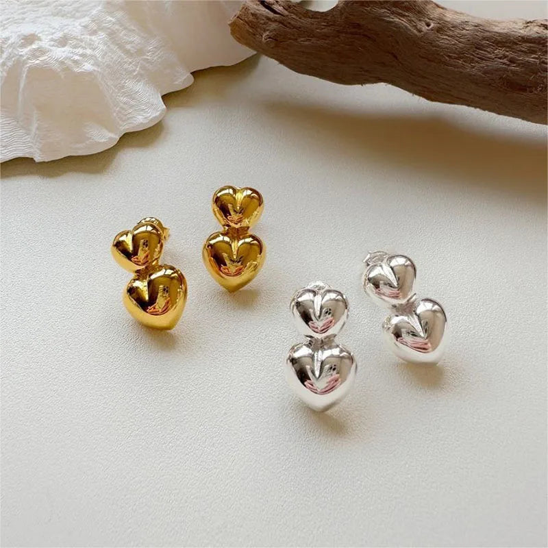 Christmas Gifts Jewelry 925 Sterling Silver Double Heart Shape Stud Earrings for Women Girls Gifts