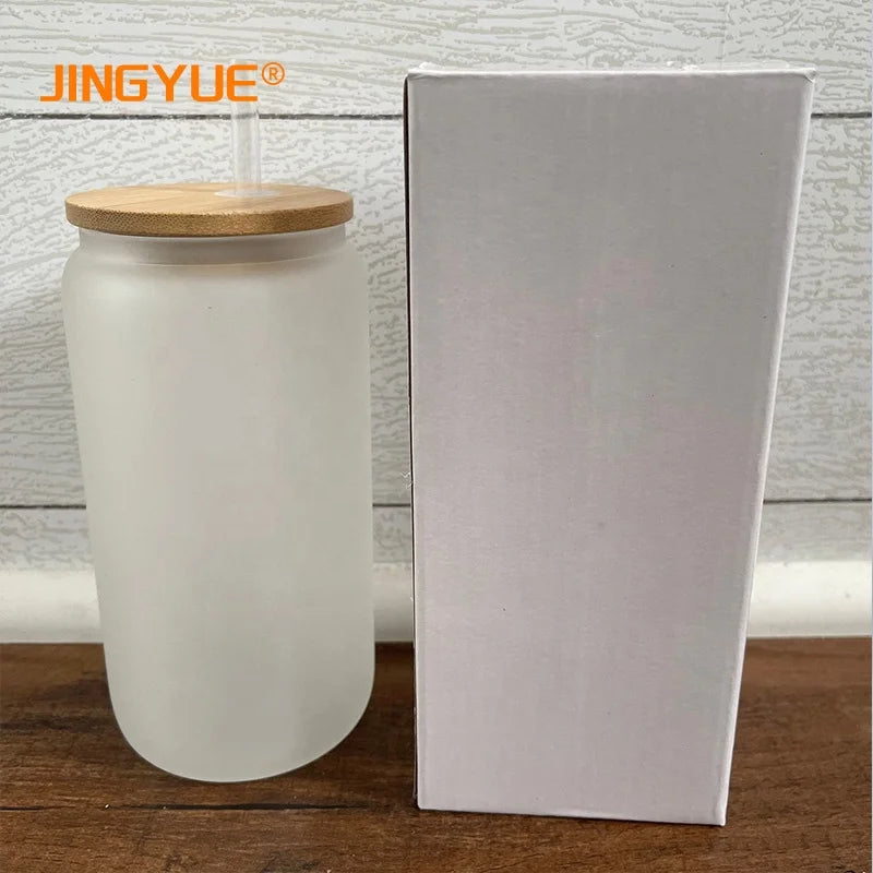 In Stock Sublimation 12oz 16oz 25oz Frosted Cola Soda Coffee Beer Can Shaped Glass Cup With Bamboo Lid and Straw