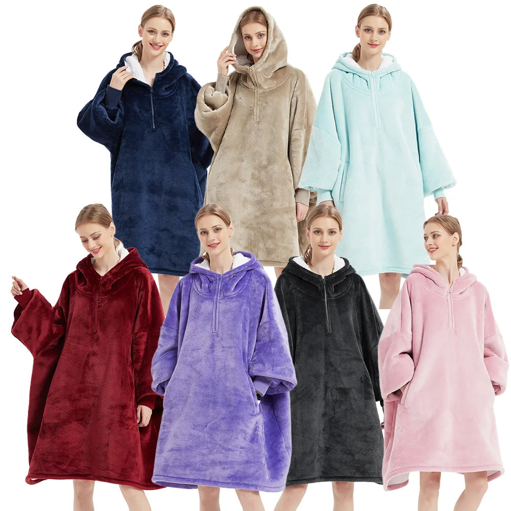 Customized Logo Design Wearable Winter Warm Sherpa Oversized Cozy Flannel Hoody Hoodies Blankets with Sleeves