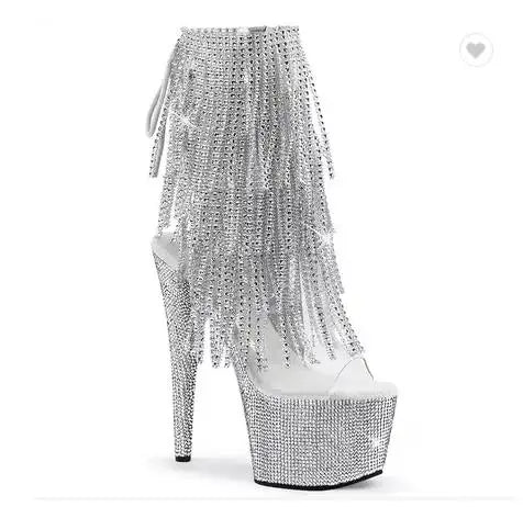 17cm High Heels Low Heels for Stage Crystal Models Gothic Rhinestones 7 Inch Open Toe Night Club Ankle Boots Fringe Platform