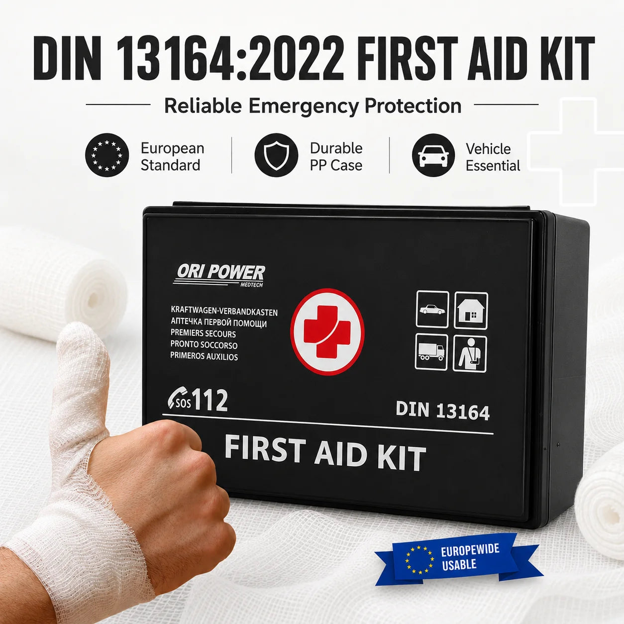 ORI-POWER DIN 13164 Qualified Wholesale PP Box Car First Aid Kit Set Medical Devices with Certificates for Car Home Truck